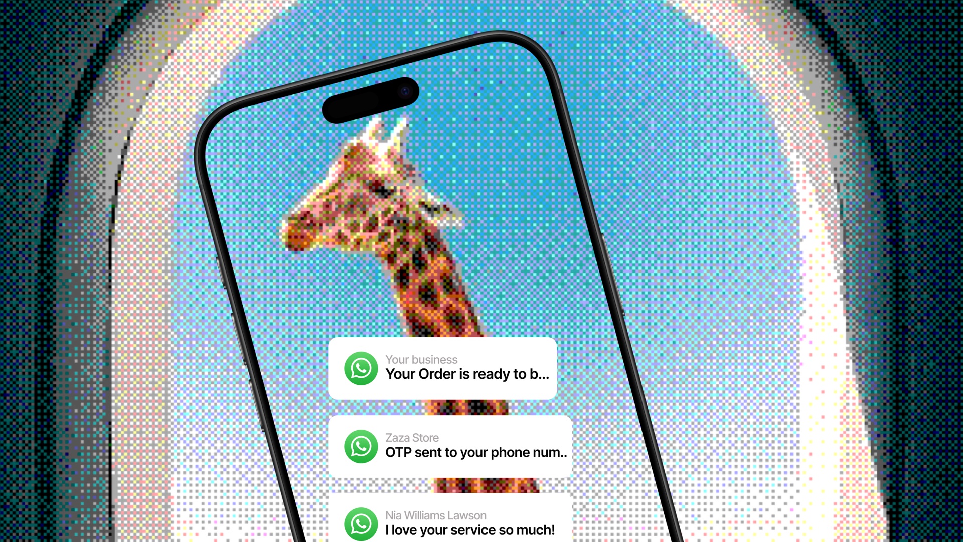 WhatsApp notifications displayed over a phone and colourful digital artwork