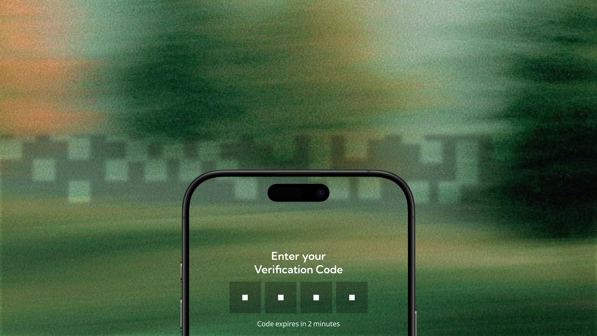 Verification code interface displayed on a phone over a green textured scene