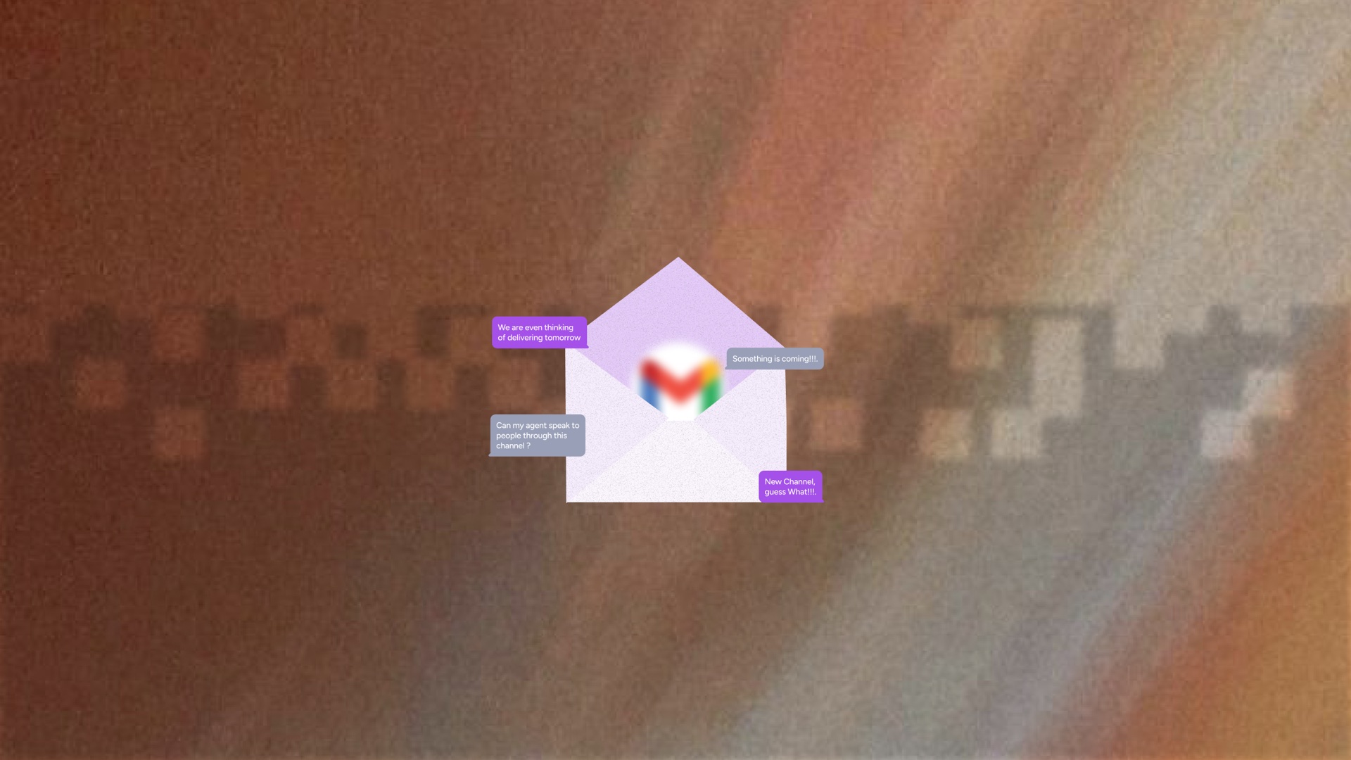 Open email envelope with the Gmail logo and message bubbles over brown textured artwork
