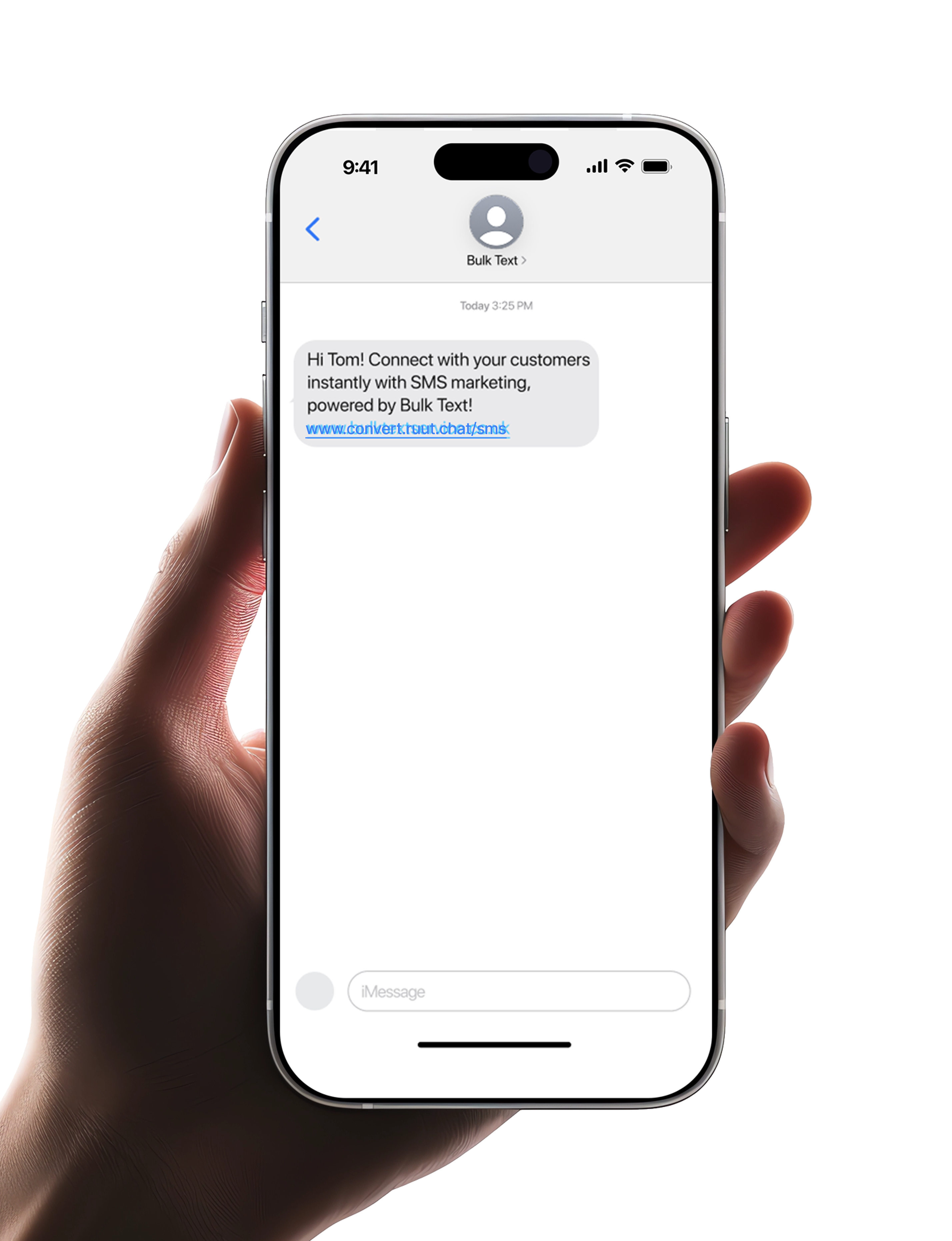 Hand holding a phone with a Convert SMS marketing message